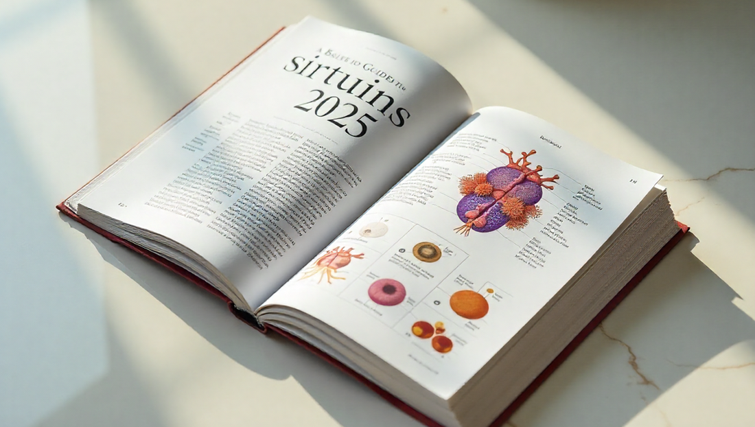 Open science book with sirtuins article on left and colorful labeled cellular diagrams on right.