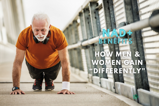 An old man doing pushups smiling and content with LLG+ effect, Title text in Blue: NAD+ Benefits Text in White: How men and women gain "differently"