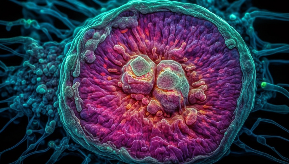 Magnified view of a dividing cell in metaphase/anaphase with visible chromosomes and bright cytoskeletal network, highlighting the mitosis process.