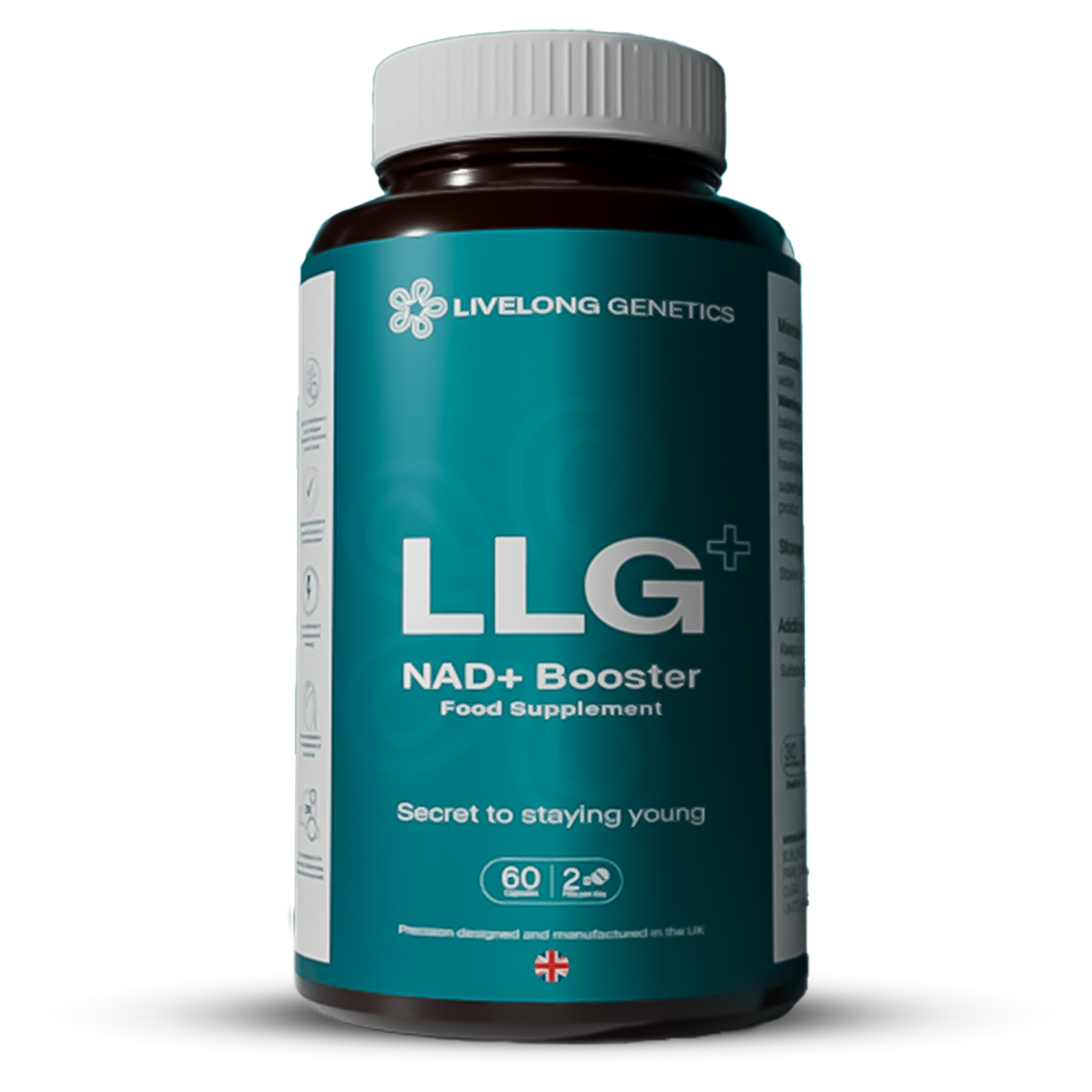 NMN Supplement bottle labeled 'LLG NAD+ Booster' by Livelong Genetics in UK.