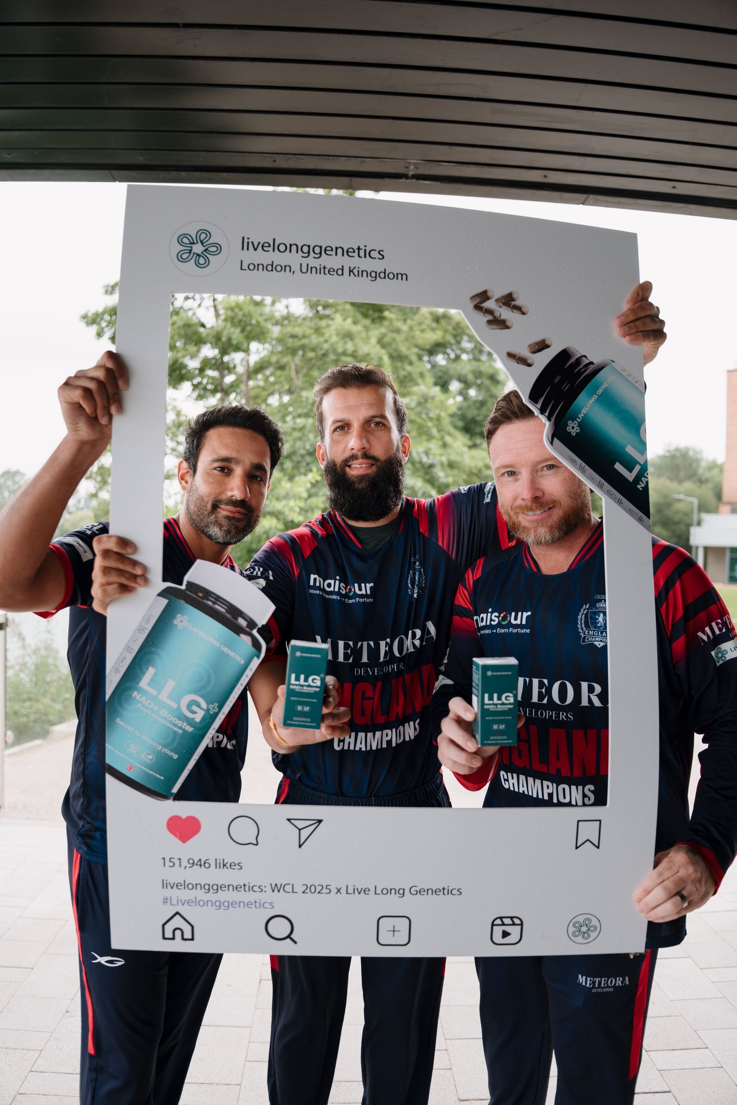 Cricketers Moeen Ali, Ian Bell, and Ravi Bopara proudly holding LLG+ supplements, celebrating LLG+ as the official health and wellness sponsor of Meteora England Champions 2025.