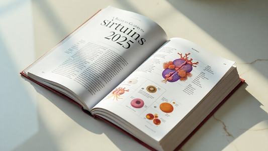 Open science book with sirtuins article on left and colorful labeled cellular diagrams on right.