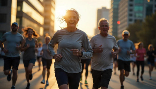 Bunch of mixed aged people on a collective run all energized with LLG+, to keep themselves in shape