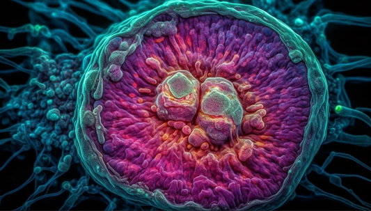 Magnified view of a dividing cell in metaphase/anaphase with visible chromosomes and bright cytoskeletal network, highlighting the mitosis process.