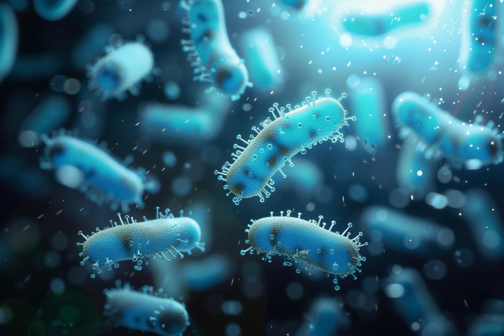 Microscopic view of bacteria or viruses with a blue tint.