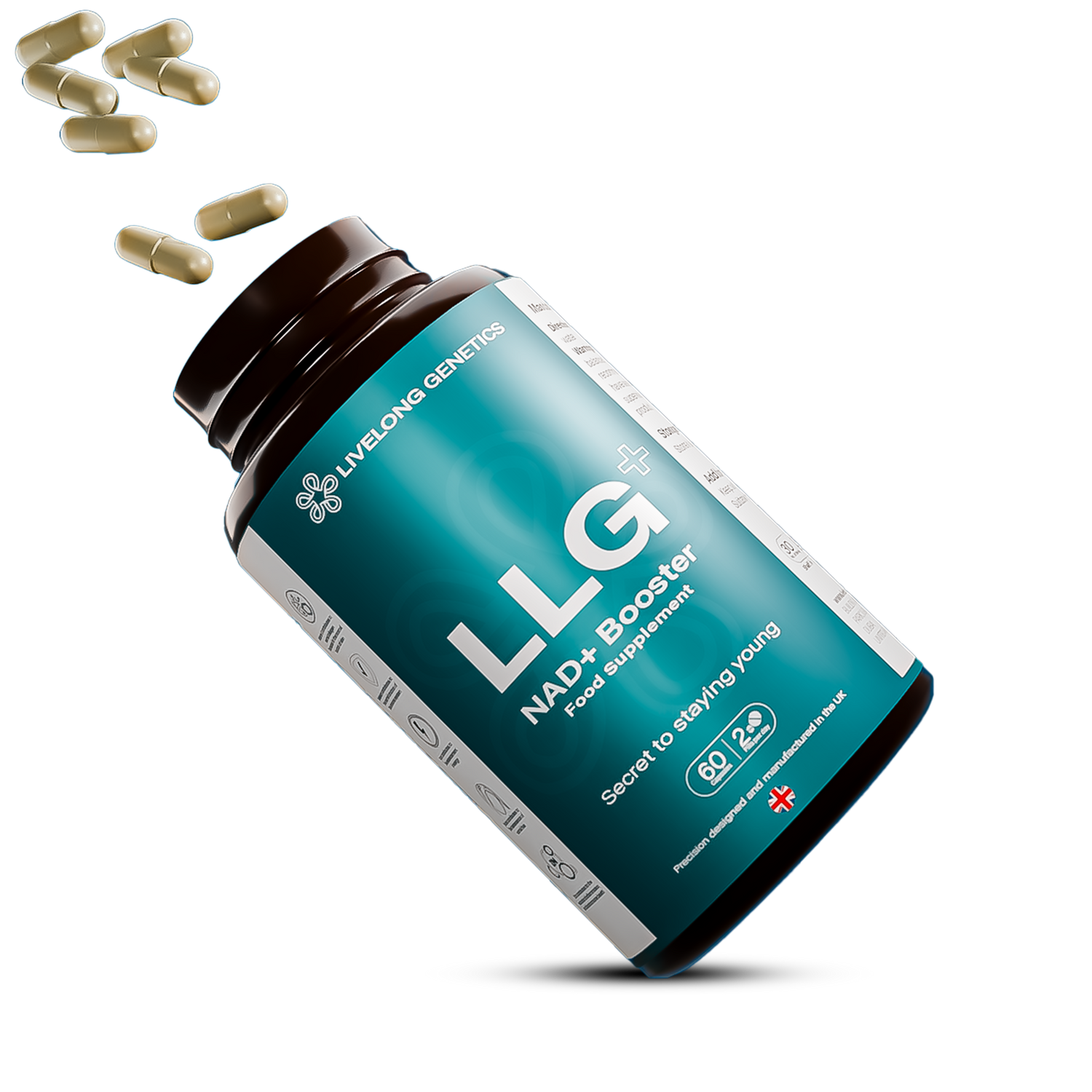All in One NAD+ Supplement bottle labeled 'LLG' with white capsules which you should take 2 serving in a day.