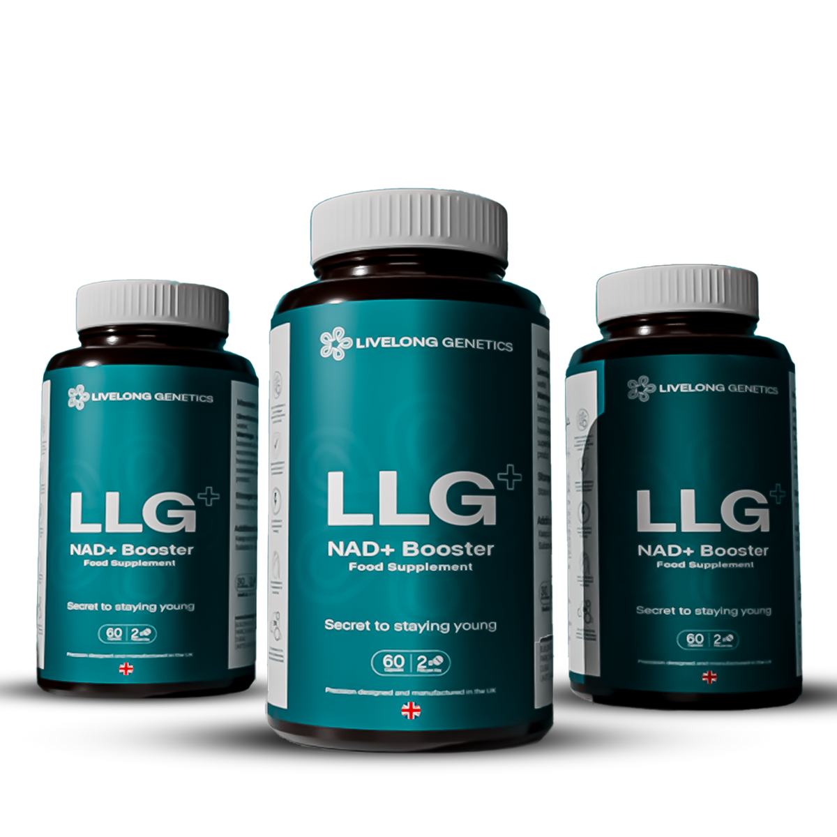 Three bottles of LLG NAD+ Booster energy supplement from Livelong Genetics on a white background.