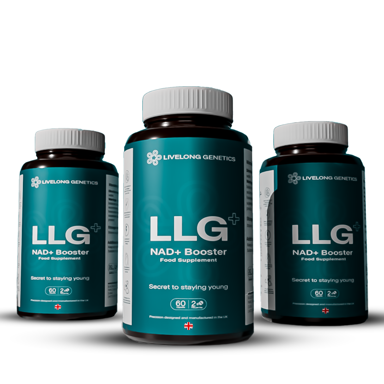 Three bottles of LLG NAD+ Booster energy supplement from Livelong Genetics on a white background.
