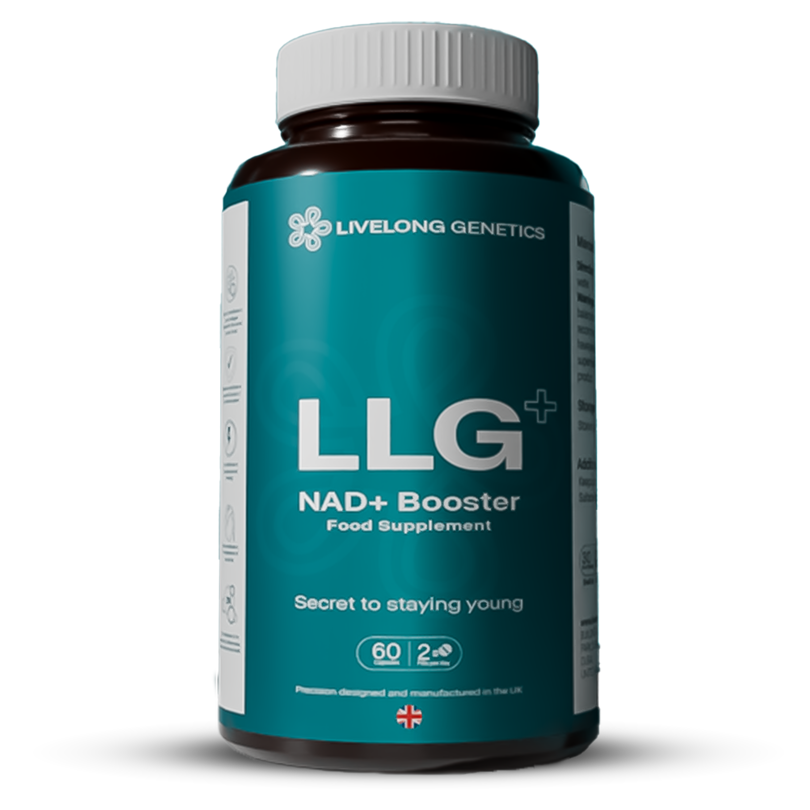 NMN Supplement bottle labeled 'LLG NAD+ Booster' by Livelong Genetics in UK.