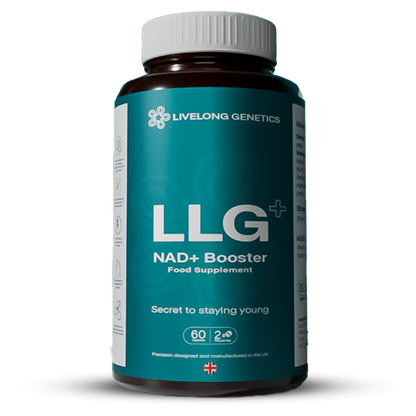 NMN Supplement bottle labeled 'LLG NAD+ Booster' by Livelong Genetics in UK.