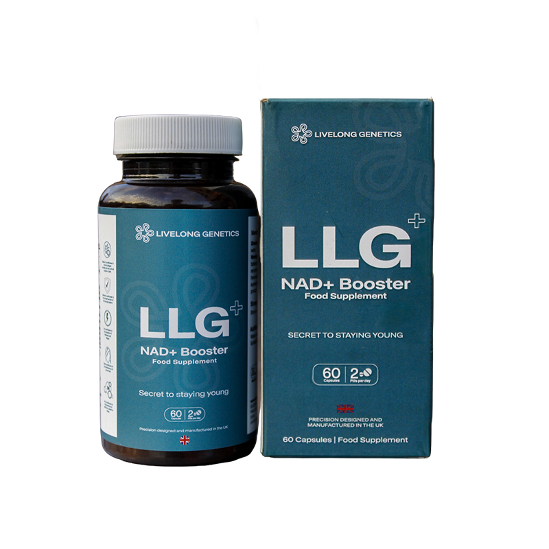 LLG⁺ NAD⁺ Booster supplement bottle and box — 60 vegan capsules for daily anti-ageing support, precision-designed in the UK.
