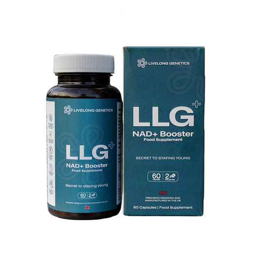 LLG⁺ NAD⁺ Booster supplement bottle and box — 60 vegan capsules for daily anti-ageing support, precision-designed in the UK.