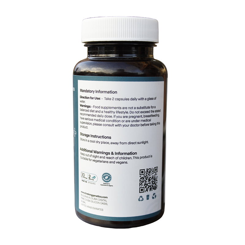 Back side of Supplement bottle labeled 'LLG NAD+ Booster' by Livelong Genetics made in UK