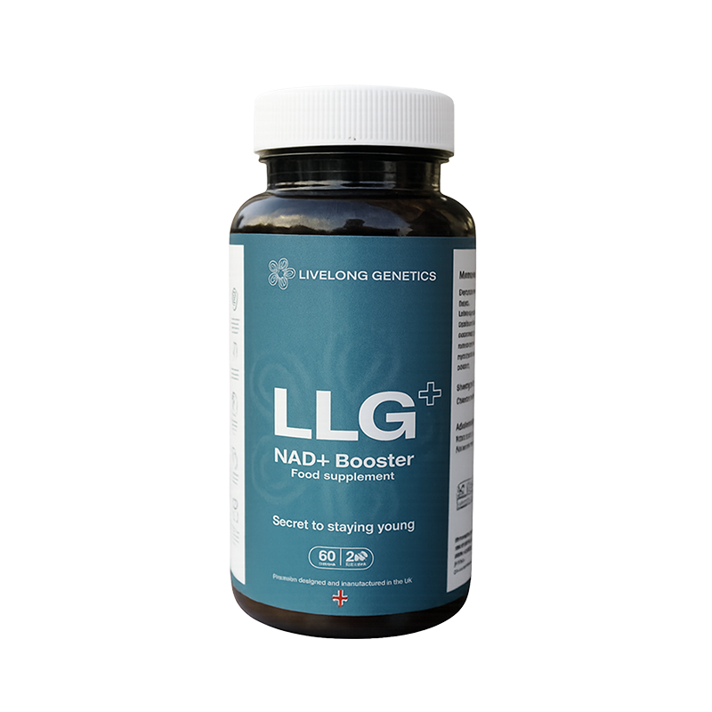 Supplement bottle labeled 'LLG NAD+ Booster' by Livelong Genetics made in UK